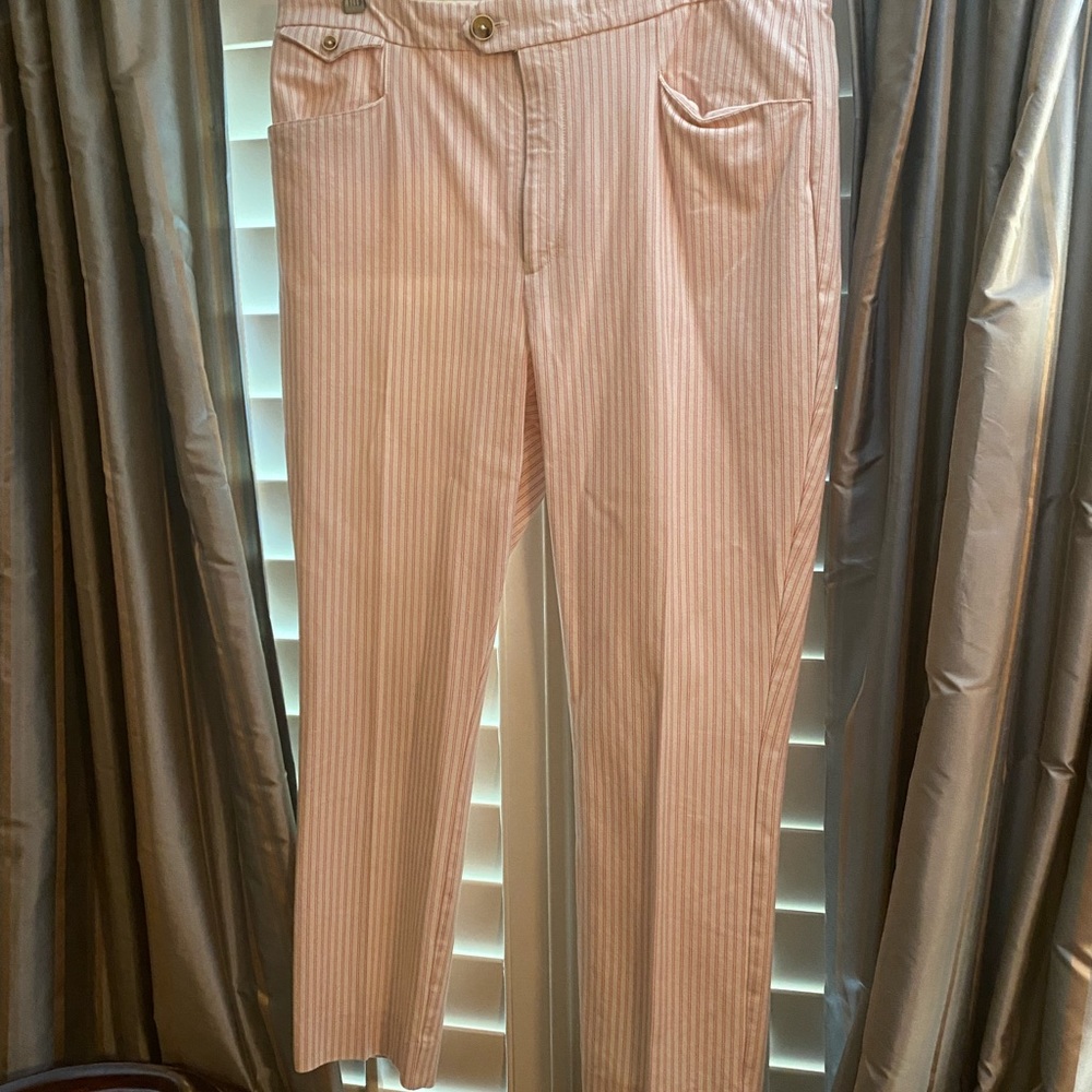 The essential slim by Anthropologie pink pin stripe pants. Size 14